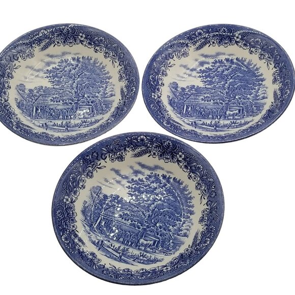 Churchill Other - Lot Of 3 Churchill England Soup Bowls 7.75” Farm Scene Horse Oxen Blue Floral